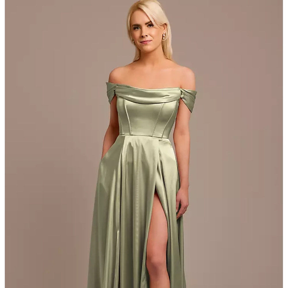 David's Bridal Charmeuse Cowl Off-the-Shoulder Dress
